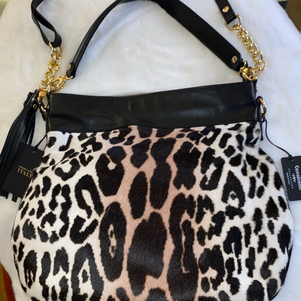 Brand New Animal Print and Black Leather Handbag
